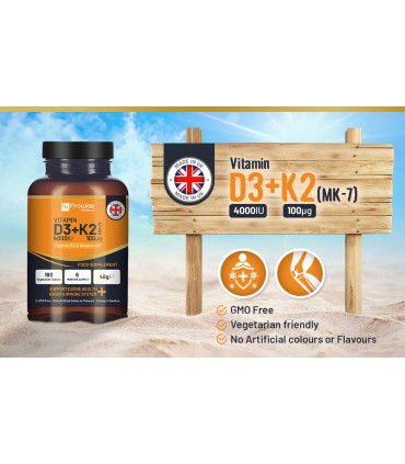 Vitamin D3 4000IU & K2 MK7 100μg Vegetarian 180 Tablets Supplement for Immune Support Calcium Boost, Bone & Muscle by Prowise