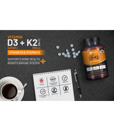 Vitamin D3 4000IU & K2 MK7 100μg Vegetarian 180 Tablets Supplement for Immune Support Calcium Boost, Bone & Muscle by Prowise
