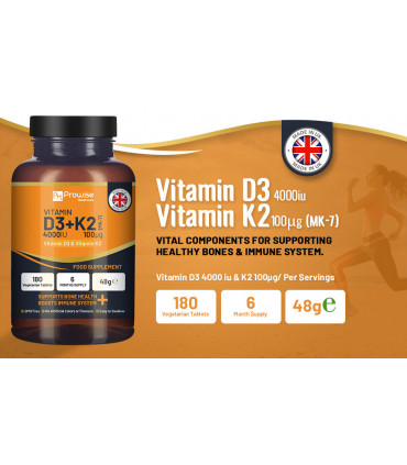 Vitamin D3 4000IU & K2 MK7 100μg Vegetarian 180 Tablets Supplement for Immune Support Calcium Boost, Bone & Muscle by Prowise