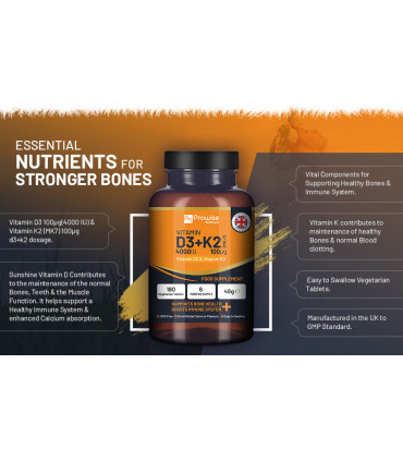 Vitamin D3 4000IU & K2 MK7 100μg Vegetarian 180 Tablets Supplement for Immune Support Calcium Boost, Bone & Muscle by Prowise