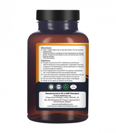 Vitamin D3 4000IU & K2 MK7 100μg Vegetarian 180 Tablets Supplement for Immune Support Calcium Boost, Bone & Muscle by Prowise