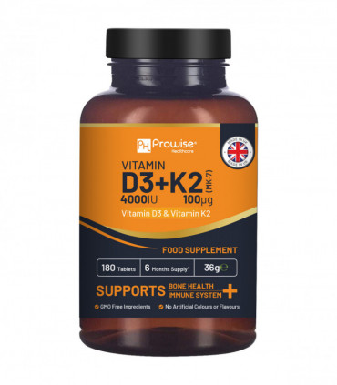 Vitamin D3 4000IU & K2 MK7 100μg Vegetarian 180 Tablets Supplement for Immune Support Calcium Boost, Bone & Muscle by Prowise
