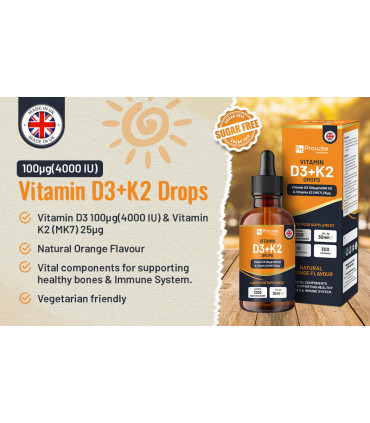 Vitamin D3 4000iu + K2 MK7 25µg Orange Liquid Drops I High Strength 30ml Bottle