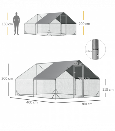 Walk In Chicken Run Large Galvanized Chicken Coop w/ Cover 3 x 4 x 2m Pawhut