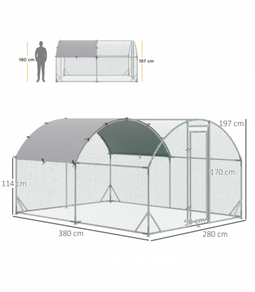 Walk-In Chicken Run Galvanised Chicken Coop w/ Cover 2.8 x 3.8 x 2m Pawhut