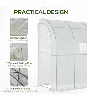 Walk-In Leanto Greenhouse Windows Doors 2 Tiers 4 Shelves 200x100x213cm White