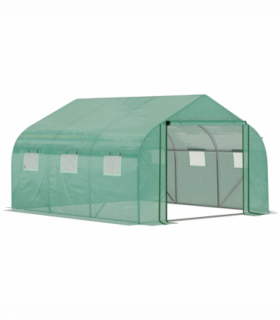 Walk-in Garden Greenhouse Zippered Roll Up Door & 6 Windows, 3.5 x 3 x 2m, Green