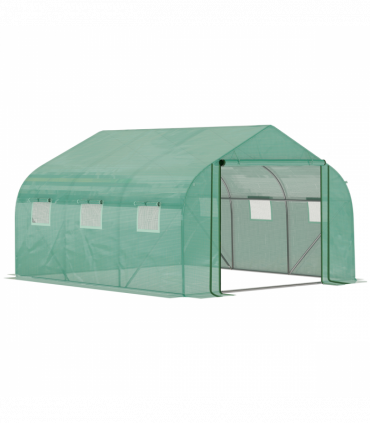 Walk-in Garden Greenhouse Zippered Roll Up Door & 6 Windows, 3.5 x 3 x 2m, Green