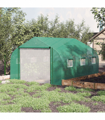 Walk-in Garden Greenhouse Zippered Roll Up Door & 6 Windows, 3.5 x 3 x 2m, Green
