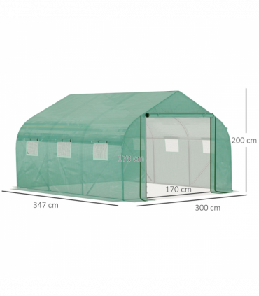 Walk-in Garden Greenhouse Zippered Roll Up Door & 6 Windows, 3.5 x 3 x 2m, Green
