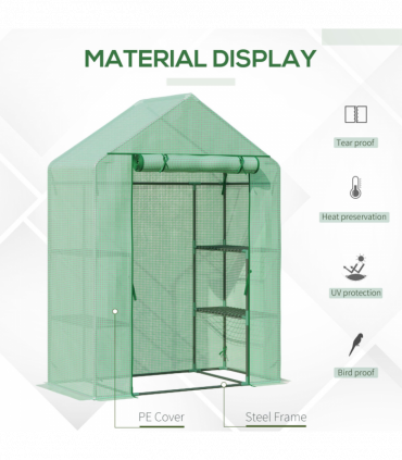 WalkIn Greenhouse 2 Tier Shelf, Roll-Up Door, PE Cover, 141x72x191cm, Green