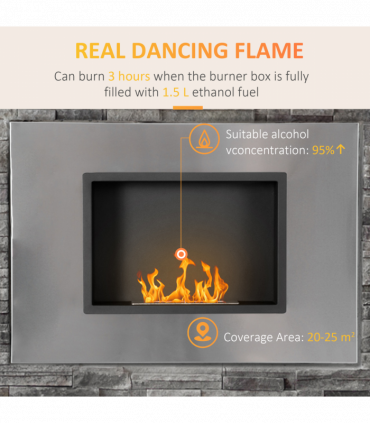 Wall Mounted Ethanol Fireplace Stainless Steel 1.5L Tank 3h Burning Time Silver