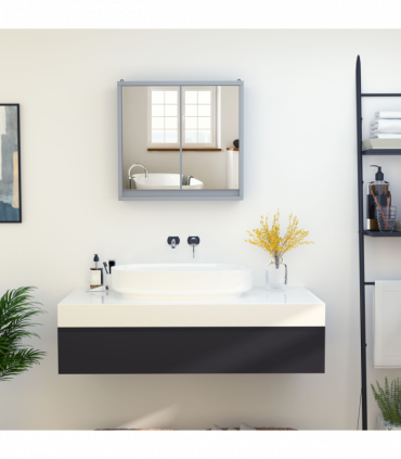 Wall Mounted Mirror Cabinet with Storage Shelf Bathroom Cupboard Grey