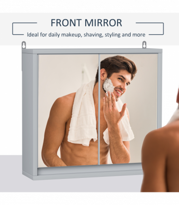 Wall Mounted Mirror Cabinet with Storage Shelf Bathroom Cupboard Grey