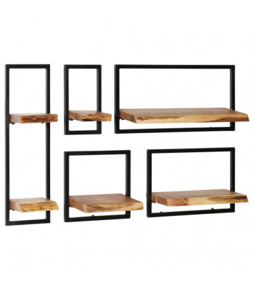 Wall Shelf Set 5 Pieces Solid Acacia Wood and Steel