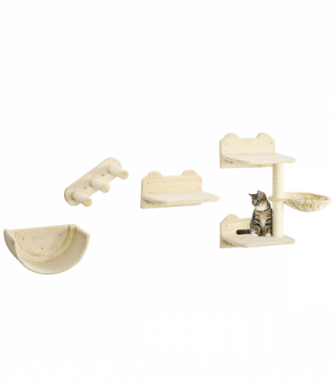 Wall-Mounted Cat Shelves w/ Hammock, Nest, Scratching Post - Beige Pawhut