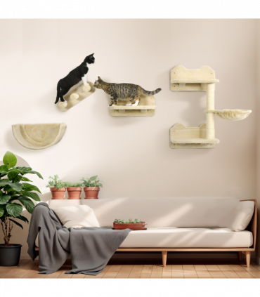 Wall-Mounted Cat Shelves w/ Hammock, Nest, Scratching Post - Beige Pawhut