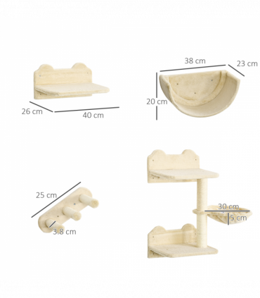 Wall-Mounted Cat Shelves w/ Hammock, Nest, Scratching Post - Beige Pawhut