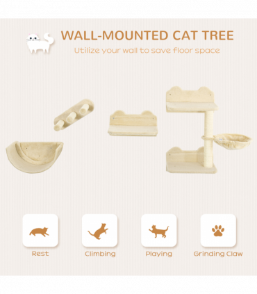 Wall-Mounted Cat Shelves w/ Hammock, Nest, Scratching Post - Beige Pawhut