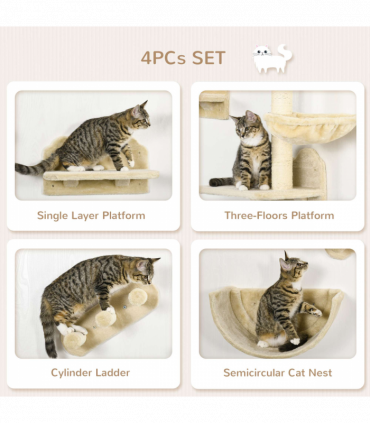 Wall-Mounted Cat Shelves w/ Hammock, Nest, Scratching Post - Beige Pawhut