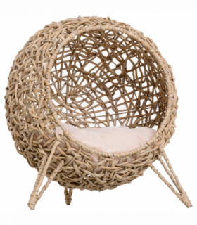 Wicker Cat House, Ball-Shaped Rattan Raised Cat Bed - Natural Wood Finish