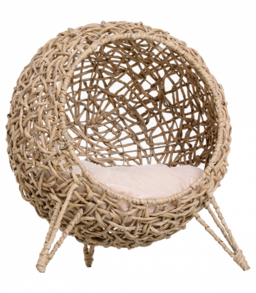 Wicker Cat House, Ball-Shaped Rattan Raised Cat Bed - Natural Wood Finish