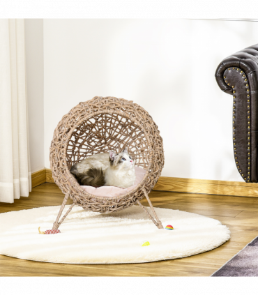 Wicker Cat House, Ball-Shaped Rattan Raised Cat Bed - Natural Wood Finish