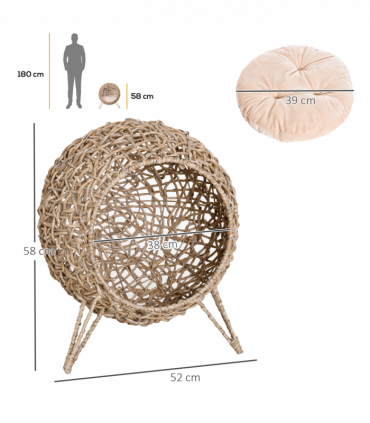 Wicker Cat House, Ball-Shaped Rattan Raised Cat Bed - Natural Wood Finish