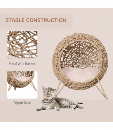 Wicker Cat House, Ball-Shaped Rattan Raised Cat Bed - Natural Wood Finish