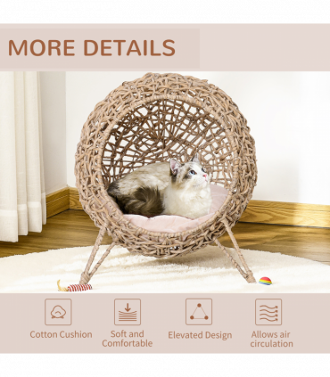 Wicker Cat House, Ball-Shaped Rattan Raised Cat Bed - Natural Wood Finish