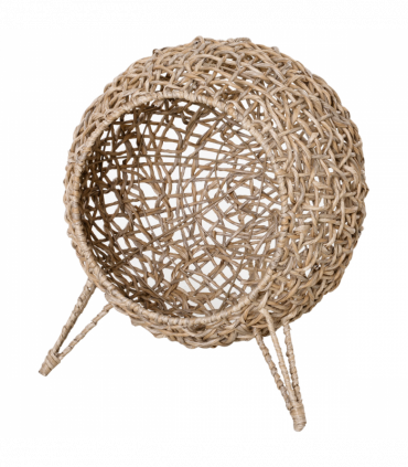 Wicker Cat House, Ball-Shaped Rattan Raised Cat Bed - Natural Wood Finish