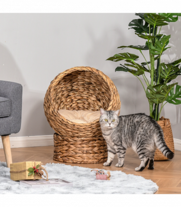 Wicker Cat House, Raised Cat Bed with Cylindrical Base, 50 x 42 x 60 cm