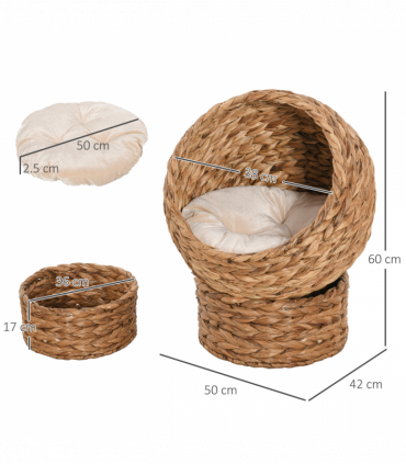Wicker Cat House, Raised Cat Bed with Cylindrical Base, 50 x 42 x 60 cm