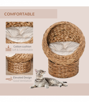 Wicker Cat House, Raised Cat Bed with Cylindrical Base, 50 x 42 x 60 cm