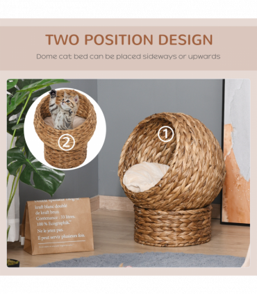 Wicker Cat House, Raised Cat Bed with Cylindrical Base, 50 x 42 x 60 cm