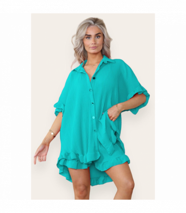 Women’s Casual Oversized Gold Button Pleated Frilled Ruffle Short Sleeves Shirt Top and Short Co-Ord Set