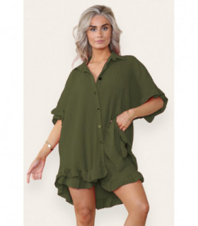 Women’s Casual Oversized Gold Button Pleated Frilled Ruffle Short Sleeves Shirt Top and Short Co-Ord Set