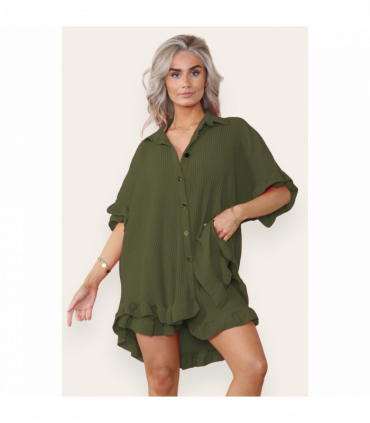 Women’s Casual Oversized Gold Button Pleated Frilled Ruffle Short Sleeves Shirt Top and Short Co-Ord Set