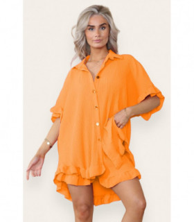 Women’s Casual Oversized Gold Button Pleated Frilled Ruffle Short Sleeves Shirt Top and Short Co-Ord Set