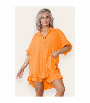 Women’s Casual Oversized Gold Button Pleated Frilled Ruffle Short Sleeves Shirt Top and Short Co-Ord Set