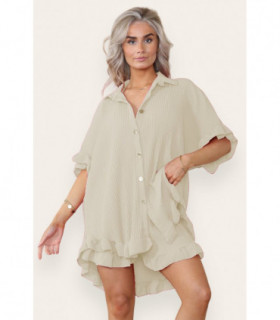 Women’s Casual Oversized Gold Button Pleated Frilled Ruffle Short Sleeves Shirt Top and Short Co-Ord Set
