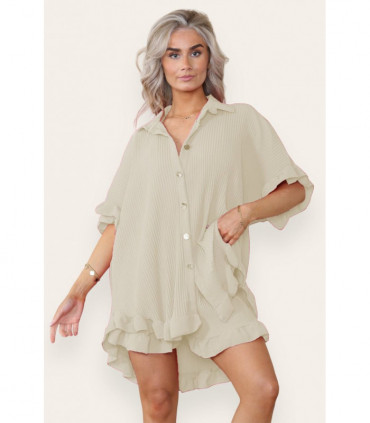 Women’s Casual Oversized Gold Button Pleated Frilled Ruffle Short Sleeves Shirt Top and Short Co-Ord Set