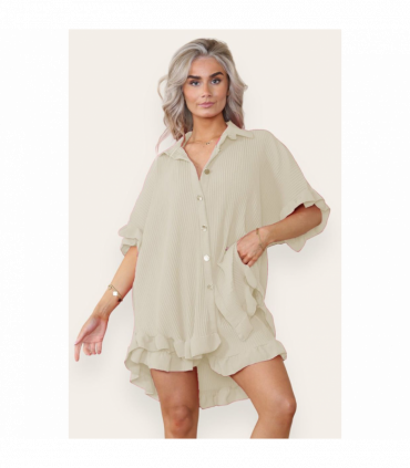 Women’s Casual Oversized Gold Button Pleated Frilled Ruffle Short Sleeves Shirt Top and Short Co-Ord Set