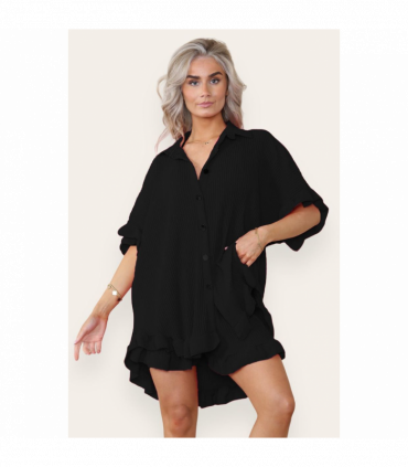 Women’s Casual Oversized Gold Button Pleated Frilled Ruffle Short Sleeves Shirt Top and Short Co-Ord Set