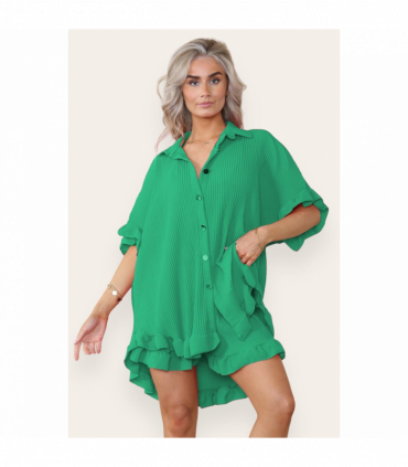 Women’s Casual Oversized Gold Button Pleated Frilled Ruffle Short Sleeves Shirt Top and Short Co-Ord Set