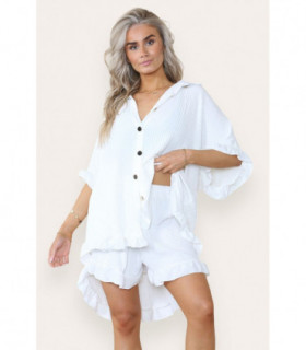 Women’s Casual Oversized Gold Button Pleated Frilled Ruffle Short Sleeves Shirt Top and Short Co-Ord Set