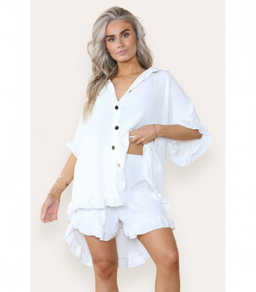 Women’s Casual Oversized Gold Button Pleated Frilled Ruffle Short Sleeves Shirt Top and Short Co-Ord Set