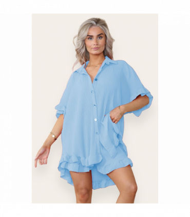 Women’s Casual Oversized Gold Button Pleated Frilled Ruffle Short Sleeves Shirt Top and Short Co-Ord Set