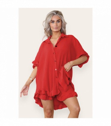 Women’s Casual Oversized Gold Button Pleated Frilled Ruffle Short Sleeves Shirt Top and Short Co-Ord Set