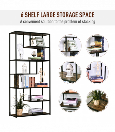 Wood Bookshelf Industrial Style Stand 6-Tier Living Room Display Rack Organiser